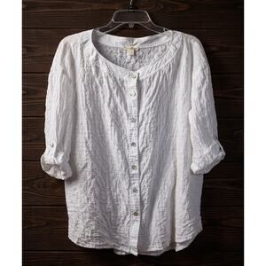 Eileen Fisher Organic Cotton Pucker Crinkle Blouse White Medium Button Front